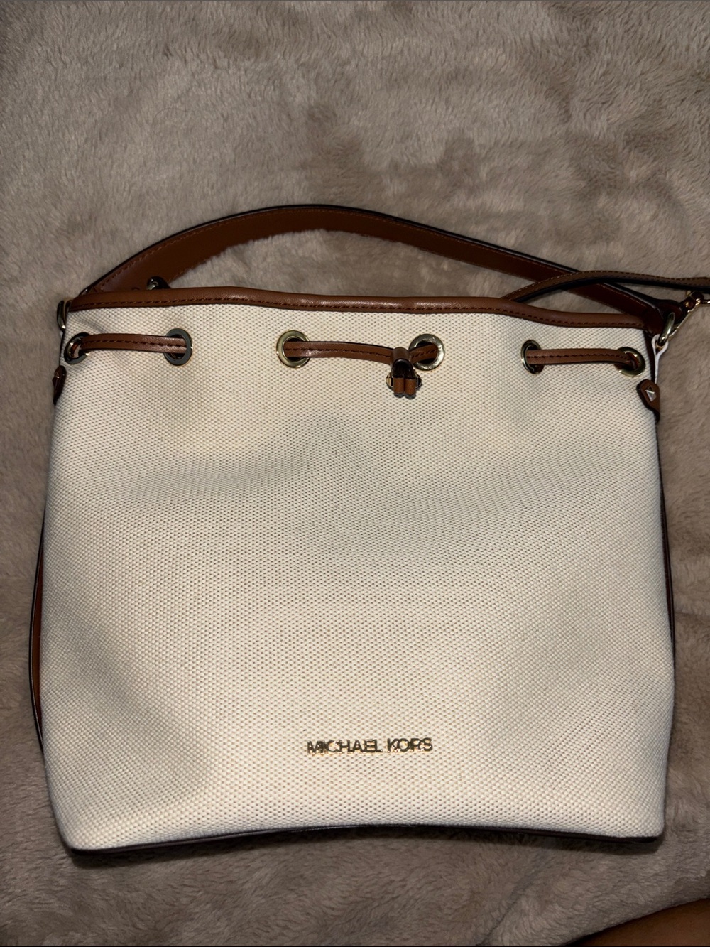 Michael Kors Cream Canvas Shoulder Drawstring Bag with Brown Trim